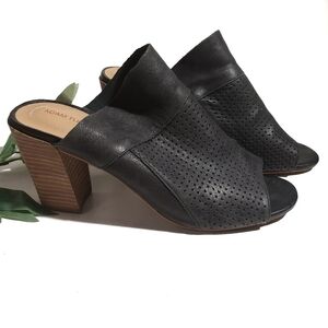 Adam Tucker Block Heel Perforated Leather Sandals Black‎ Peep Toe